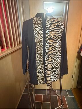 Chico's Black and Tan Animal-Print Panel Button-Front/extended length